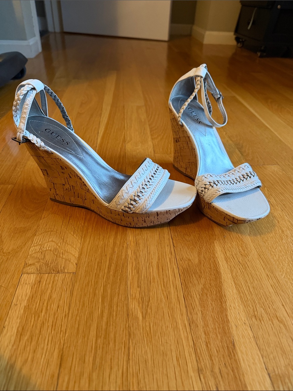 GUESS white braided Cork Wedge Sandals - Women's